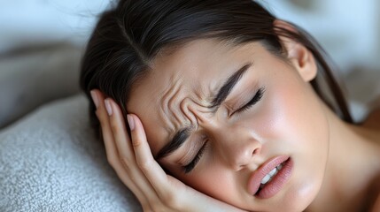 Obraz premium A woman laying on a bed with her head in her hands