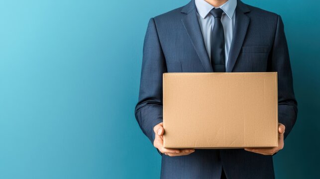 A businessman in a suit holds a cardboard box, symbolizing delivery and professional service against a blue backdrop.