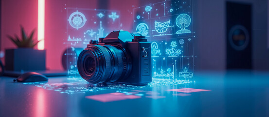 Cámara digital con proyecciones holográficas futuristas en un ambiente creativo, destacando tecnología avanzada y diseño innovador.

