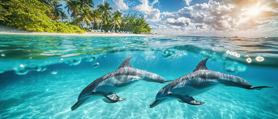 Naklejka premium Dolphins swimming in clear turquoise water near tropical beach, showcasing vibrant marine life and beautiful sunny day