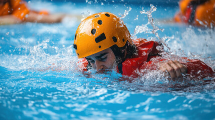 Individual Engaged in Water Safety Training Wearing Bright Orange Helmet and Life Vest in a Turquoise Pool, Demonstrating Focus and Skillful Techniques