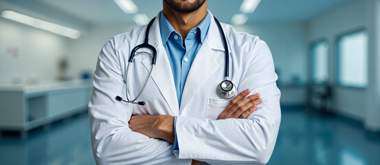 Doctor confiado con estetoscopio en un hospital moderno, representando profesionalismo, cuidado médico y confianza en la salud.
