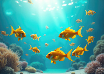 Naklejka premium School of fish swimming through sunlit coral reef