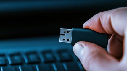 A person inserting a USB drive, unknowingly triggering malware infection on a computer.