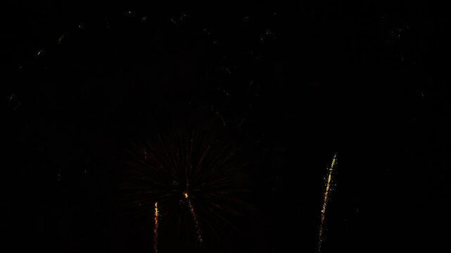 Gold red blue green sparks scattering fireworks on the black night sky. General plan