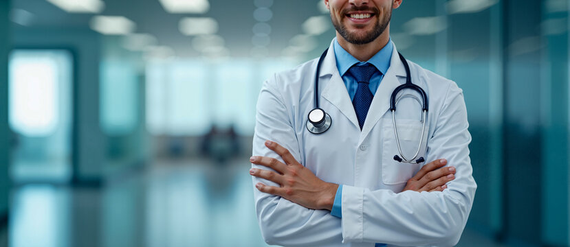 Doctor sonriente cruzado de brazos en un hospital luminoso, simbolizando confianza, cuidado profesional y salud integral.
