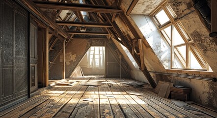 Abandoned Attic: Empty Interior of a Hallway in a Spacious House