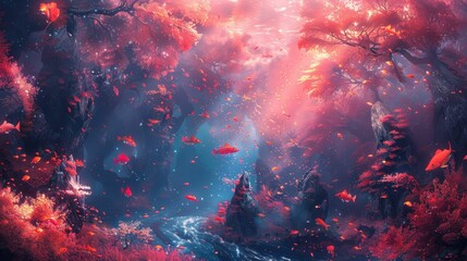 A forest with a river and a lot of red leaves