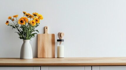 Simple kitchen counter with one vase of fresh flowers and essentials