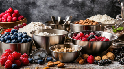 Aesthetic arrangement of various berries, nuts, and baking ingredients in metallic bowls set against a textured dark background, showcasing vibrant colors and culinary creativity.