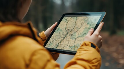 Woman using tablet with map outdoors.