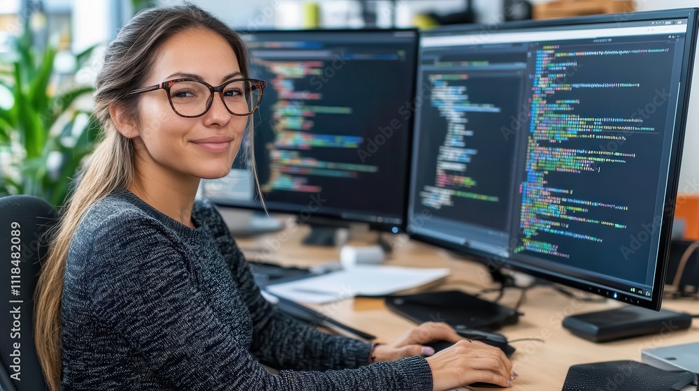 Aufkleber a female programmer with glasses, focusing intently on her dual monitors displaying code, works in a