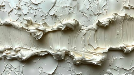 The painting is a white abstract piece with a lot of texture and swirls
