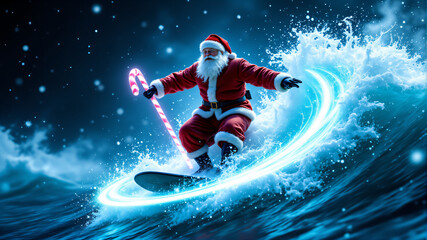 Exciting Holiday Vibes Santa Claus Surfing the Waves in a Festive Scene