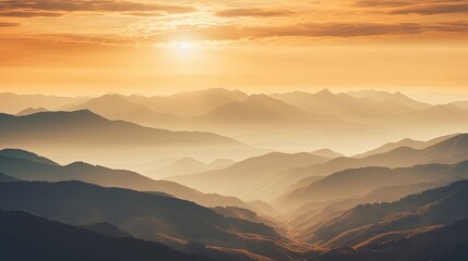 Obraz premium Mountain range with visible silhouettes through the morning colorful fog. Hazy mountain sunset. Panoramic view. Illustration for banner, poster, cover, brochure or presentation.
