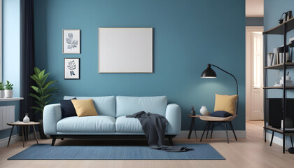 a cozy modern living room with minimalist decor. a light blue sofa with vibrant cushions against a teal wall. natural light enhances the room�s simple, stylish furniture and decor.