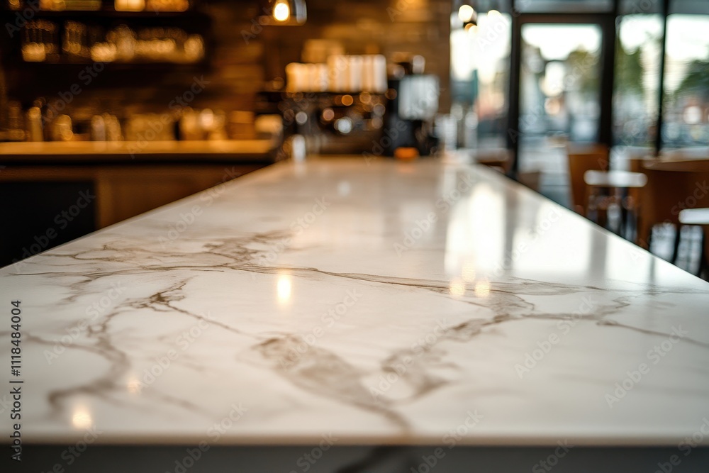 Poster a close-up view of a marble countertop in a modern caf? setting.