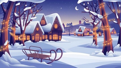 a cozy, winter wonderland scene. It shows a snowy village at night, with charming cabin-style houses decorated with warm lighting and surrounded by a forest of snow-covered trees. In the foreground, 