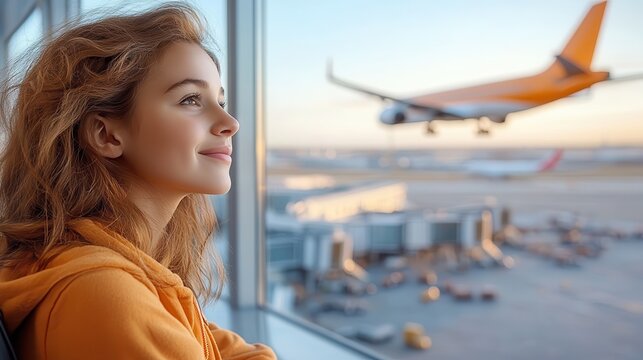 A serene young traveler in leisurely attire watches an airplane take off, enjoying the moment of transition between the earth and sky in a busy modern terminal.