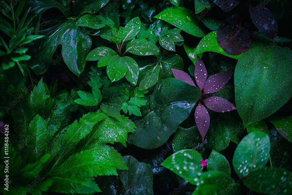 Poster a misty morning in a dense rainforest with dew-covered leaves and ferns. --ar 3:2 --personalize v73l
