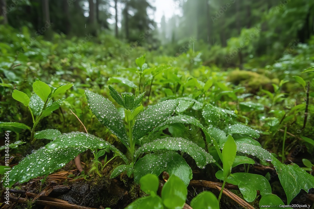 Aufkleber a misty morning in a dense rainforest with dew-covered leaves and ferns