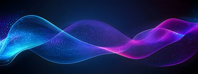 A close-up of an AI-inspired digital blue ribbon, adorned with purple and white holographic elements representing global network connections and data flow
