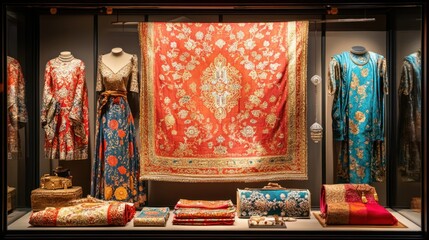Elegant display of colorful textiles and garments in a showcase.