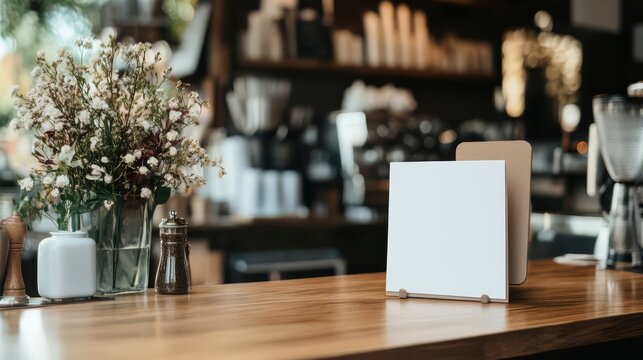 Blank sign on cafe counter.