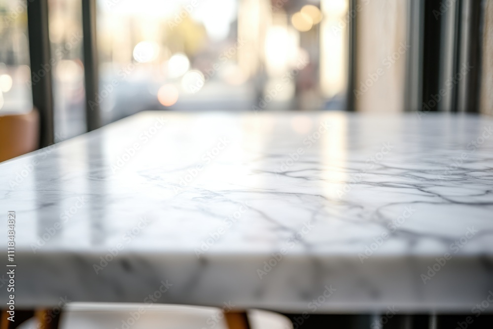 Poster a close-up of a marble table surface with a blurred background, suggesting a caf? setting.
