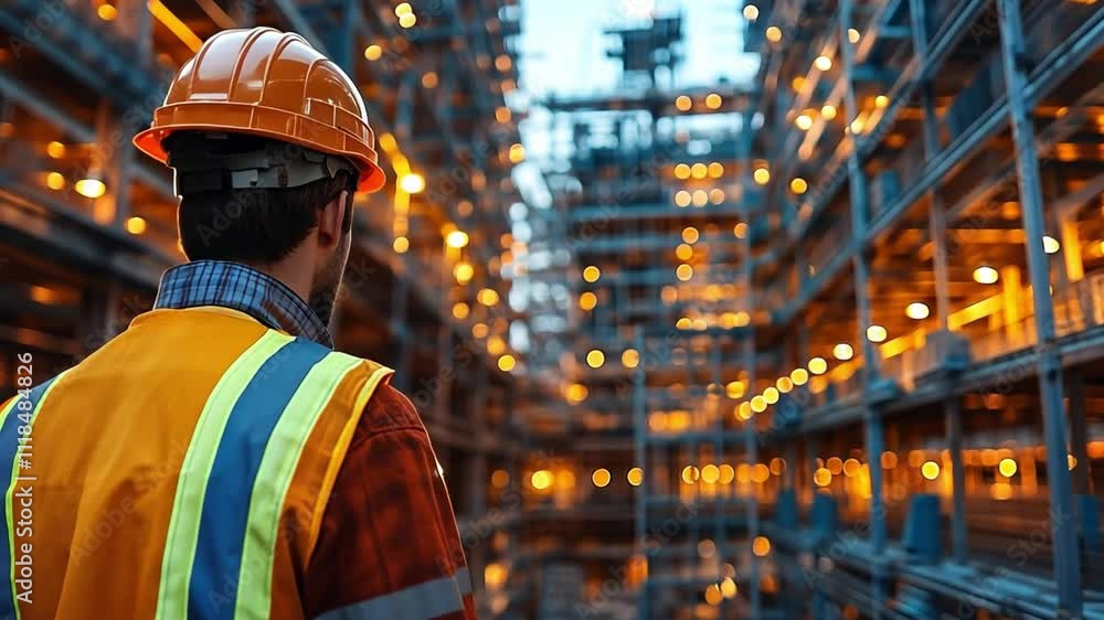 Poster construction worker observes illuminated framework of a high-rise building at dusk