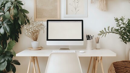 Modern Home Office Workspace with Plants and Decor
