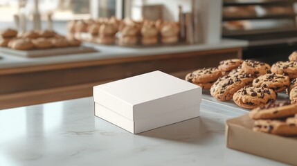 Blank white box on marble counter near chocolate chip cookies in bakery.