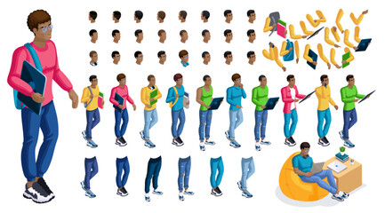 Isometric cartoon people, 3D Set for creating Black Man Student person. Full length gestures isolated, N3. Create your own design for vector