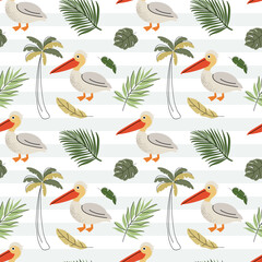 Obraz premium Seamless pattern with cute pelican. Exotic birds. Childish jungle background. Tropical wallpaper.