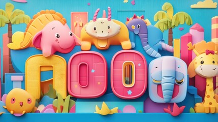 Obraz premium Adorable cartoon animals surrounding colorful number four.