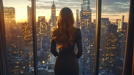 Cityscape View from High Rise Window with Woman