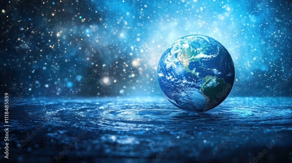 Poster a digital representation of earth floating in space with a starry background.