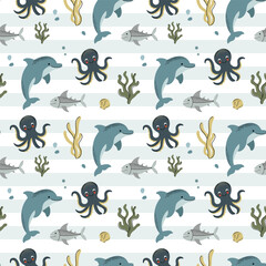 Seamless pattern with octopus, dolphin. Cute marine animals. Cartoon sea. Background with underwater characters.