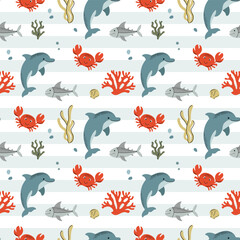 Seamless pattern with crab, dolphin. Cute marine animals. Cartoon sea. Background with underwater characters.