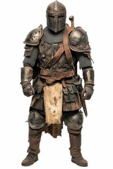 Fototapeta premium Weathered armored figure, sword, isolated.