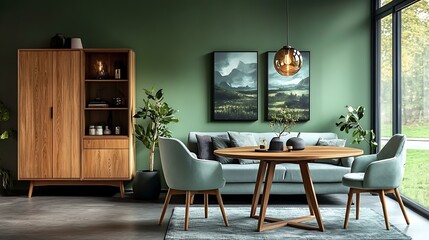 Modern Green Living Room with Wooden Furniture