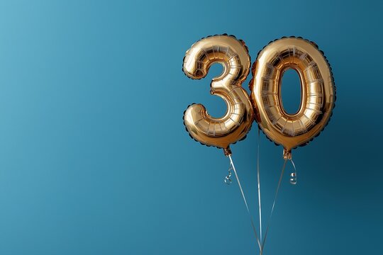 30 Years old in Golden Ballon For Birth Day, on blue background with copy space area