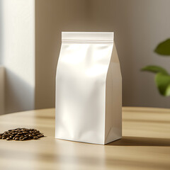 blank white packaging bag stands on wooden table beside coffee beans, creating minimalist and modern aesthetic. Ideal for showcasing product designs