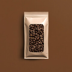 minimalistic coffee packaging design featuring roasted coffee beans in clear window. neutral background enhances product appeal and simplicity