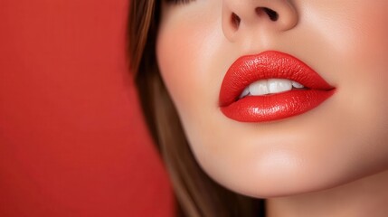 A striking close-up image displays a woman's lips adorned with red lipstick, capturing elegance and beauty with a vibrant and artistic approach against a warm backdrop.