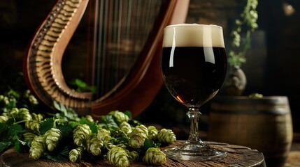 A dark beer glass on a barrel table with soft, warm lighting, surrounded by hops and a traditional Irish harp in the background.