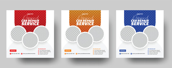 Set of auto car repair service square banner design template. Editable car repair service banner. Usable for social media posts, banners, and web.