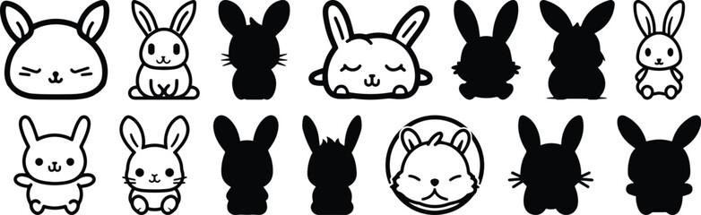 Rabbit silhouettes set, animal pack of vector silhouette design, isolated background