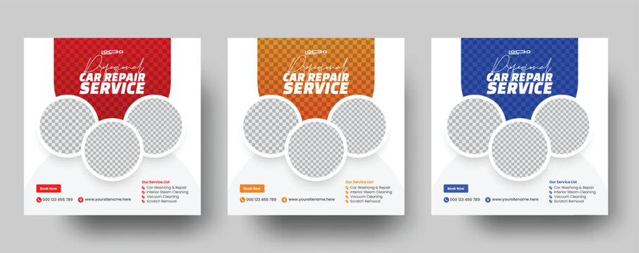 Set of auto car repair service square banner design template. Editable car repair service banner. Usable for social media posts, banners, and web.