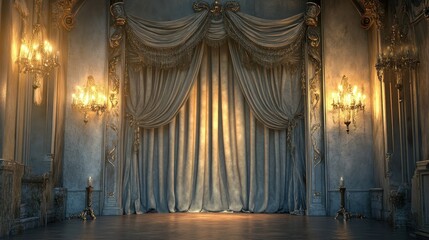 Ornate Theater Stage with Luxurious Curtains and Chandeliers, Perfect for Classical Performances, Vintage Elegance Themes, Event Backdrops, and Historical Architecture